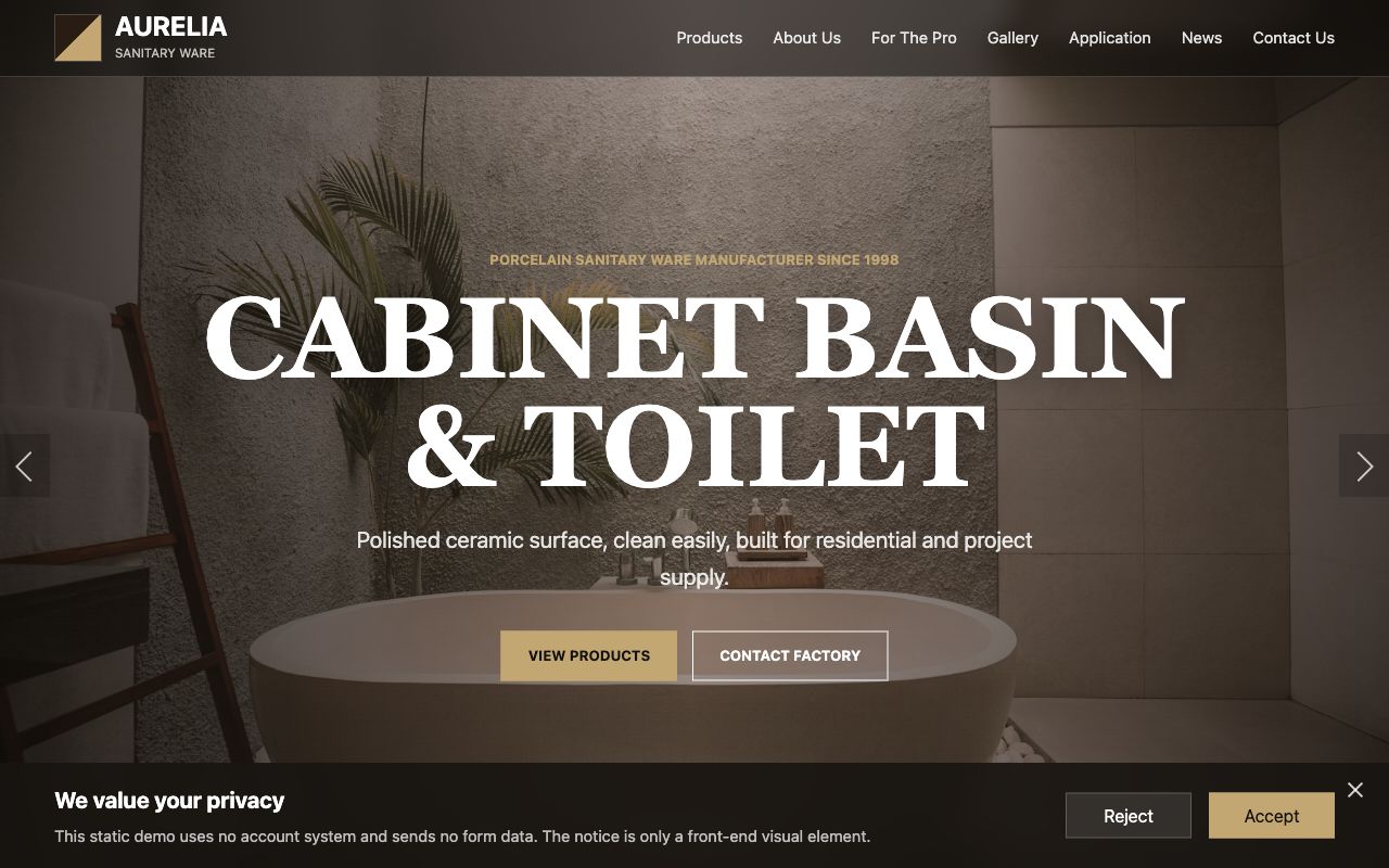 Aurelia Sanitary Ware homepage preview